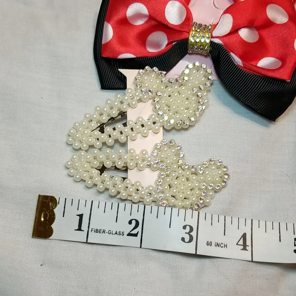GIRLS MOUSE EARS 6' BOW WITH SEQUINS SET OF PEARL MOUSE CLIPS 4 BOWS - Picture 8 of 10